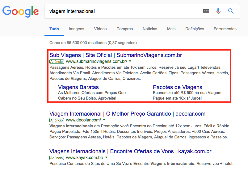 Exemplo de anúncios na rede de pesquisa do Google